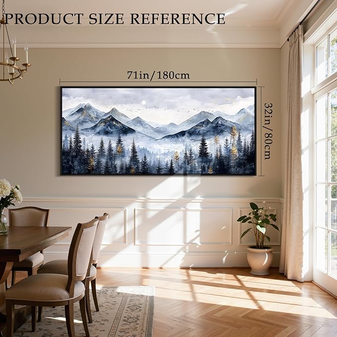 SERIMINO Extra Large Framed Mountain Forest Wall Art, 32"x71", Misty Pine Tree Watercolor in Blue Gold, Nature Scenery Canvas Wall Decor for Living Room, Bedroom, Office Decor