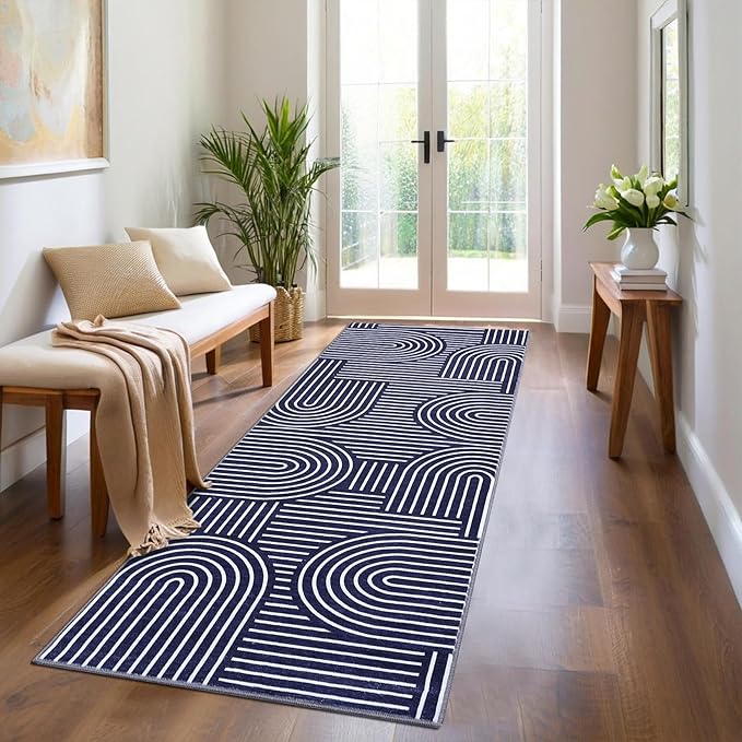ROYHOME Modern Rug 2.5x8 Runners for Hallways, Abstract Kitchen Runner Rugs Non Slip Bath Runners, Rainbow Washable Runner Rug for Bedroom, Soft Long Rugs for Entryway Bathroom Laundry Dorm, Blue