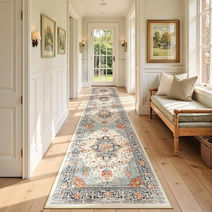 RELEANY Area Rugs 2'6"x12' Runner Rug Non Slip Washable for Kitchen Hallway Bedroom Beside Laundry Room Bathroom Rug, Floor Carpet, Beige Navy Blue Orange Colorful