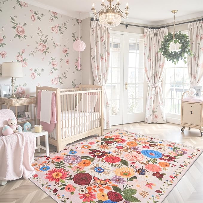 Pink Area Rug 4x6 Washable Boho Rugs Non Slip Low Pile Floral Small Carpet for Bedroom, Bedside, Kids Room, Office, Dining Room (Light Pink)