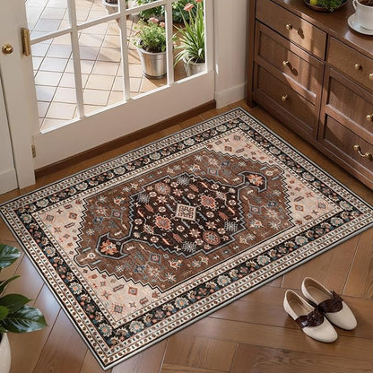 Tangsoo Vintage 2x3 Entry Rug,Small Washable Indoor Door Rug for Entryway,Brown Beige Non-Slip Rubber Backing Throw Mat Soft Low Pile Carpet for Front Porch Entrance Kitchen