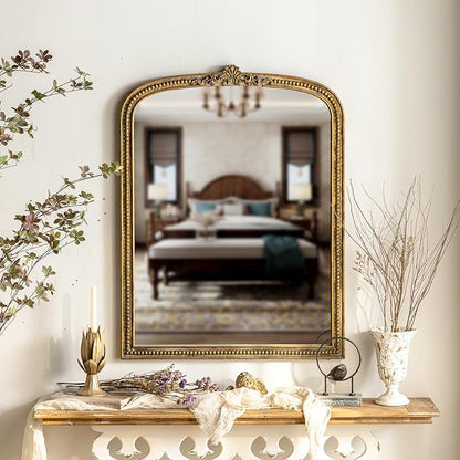 ZIYOO French Vintage Ornate Arched Wall Mirror, Gold Framed Decorative Mirror, Ornate Baroque Accent Mirror for Living Room, Bedroom, Entryway, Fireplace, 42.5" x 32"