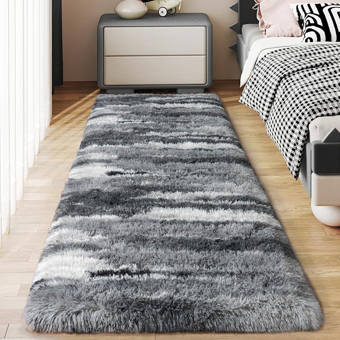 Soft Runner Rugs for Bedroom Hallways, 2x6 Abstract Grey Fluffy Shag Throw Area Rug Non Slip for Bedside Dorm, Long Shaggy Furry Carpet for Nursery Living Room