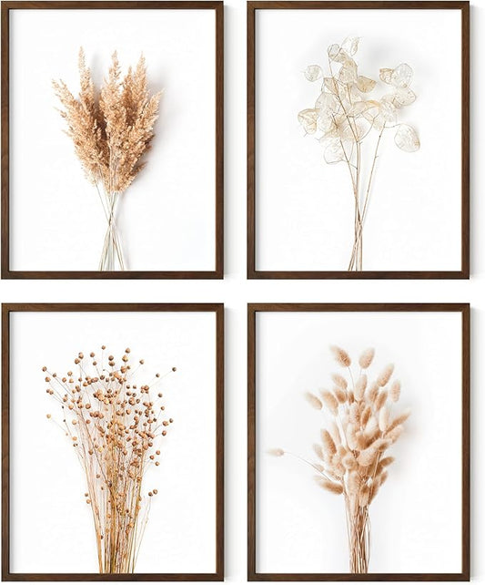 HAUS AND HUES Flower Wall Decor - Set of 4 Framed Floral Prints, Flower Wall Art for Bedroom, Botanical Paintings and Pictures, Floral Room Decor (Walnut Frame, 11x14)