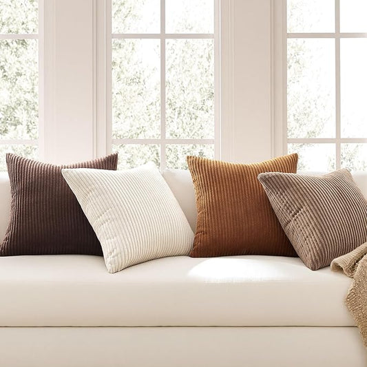 Topfinel Rustic Throw Pillow Covers 18x18 Inch Set of 4 Soft Farmhouse Corduroy Striped Decorative Cushion Cover Gold Brown Gradient Fall Pillow Case for Sofa Couch Living Room Bedroom