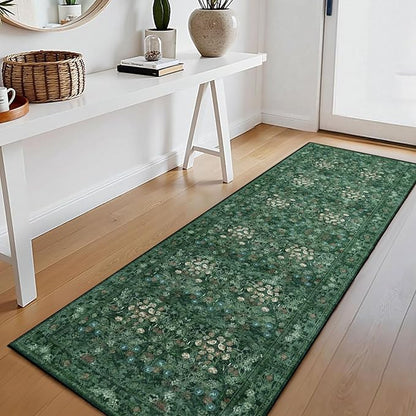 Lunasun Boho Green Long Hallway Runner Rug 2x6 Washable, Farmhouse Floral Botanical Non Skid Kitchen Floor Mat - Vintage Soft Throw Rug for Bathroom, Indoor Entrance, Foyer, Bedroom Bedside, Laundry