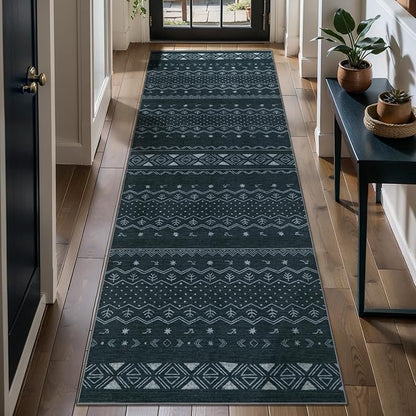 SERISSA 2x5 Kitchen Runner Rug, Washable Non-Slip Grey Boho Rug, Soft Low-Pile Geometric Indoor Carpet for Hallway Laundry Room Bathroom Bedroom Entryway