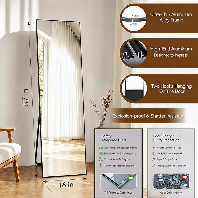 NARCISSUS 57x16 Mirror Door Hanging Full Length Body with Floor Stand or Wall Mounted Metal Aluminum Frame Tempered Glass Rectangle Mirrors for Bedroom Dressing Living Room Bathroom 57 inch Black