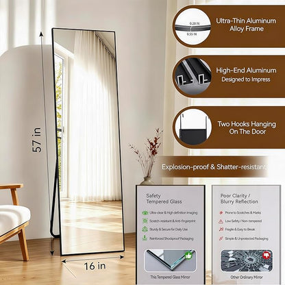 NARCISSUS 57x16 Mirror Door Hanging Full Length Body with Floor Stand or Wall Mounted Metal Aluminum Frame Tempered Glass Rectangle Mirrors for Bedroom Dressing Living Room Bathroom 57 inch Black
