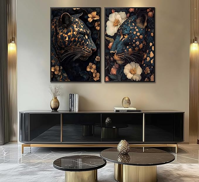 Dark Cheetah Canvas Wall Art Moody Blue and Gold Leopard Wildlife Animal Flower Pictures Painting Wall Decor Poster Print Artwork for Living Room Bedroom Decoration Unframed