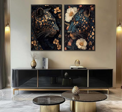 Dark Cheetah Canvas Wall Art Moody Blue and Gold Leopard Wildlife Animal Flower Pictures Painting Wall Decor Poster Print Artwork for Living Room Bedroom Decoration Unframed