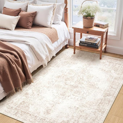 Area Rug 3x5 Vintage Rug: Washable Indoor Medallion Rug Low Pile Distressed Floor Carpet Retro Accent Doormat for Bedroom Bathroom Hallway Kitchen Home Office(Retro Beige, 3'x5')