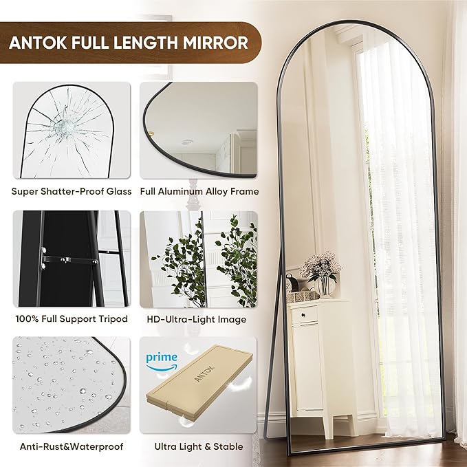Antok Full Length Mirror, 71"x28" Arched Floor Mirror, Mirror Full Length with Stand, Wall Mounted Mirrors for Living Room Bedroom,Black