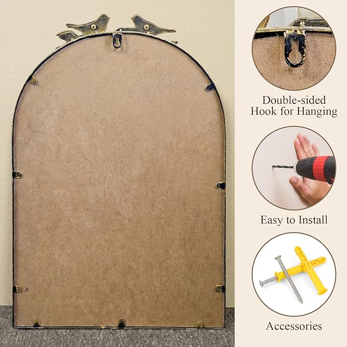 Antique Baroque Vintage Vanity Mirror 22x15Inch, Gold with Ornate Antique Frame, Arched Vintage Wall Mirror for Living Room, Fireplace, Entryway