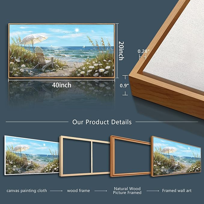 ERQINHUA Large Wall Decor For Living Room Canvas Wall Art For Restaurant Office Decorations Blue Sea Ocean Paintings Beach Chair Wall Pictures Modern Home Decor Ready To Hang Wood Framed 20x40 In