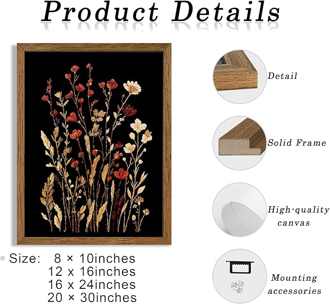 JLTULT Vintage Floral on Black Background Canvas Wall Art, Elegant Dark Wildflower Wall Decor, Botanical Painting Art Prints for Bedroom Bathroom Living Room Office 20x30 In Wood Framed Easy to Hang