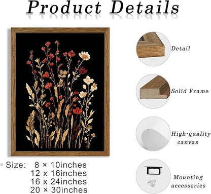 JLTULT Vintage Floral on Black Background Canvas Wall Art, Elegant Dark Wildflower Wall Decor, Botanical Painting Art Prints for Bedroom Bathroom Living Room Office 20x30 In Wood Framed Easy to Hang