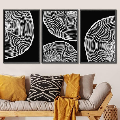 SIGNLEADER Framed Canvas Print Wall Art Set Duotone Geometric Wood Ring Circle Collage Abstract Shapes Illustrations Modern Art Boho Decorative for Living Room, Bedroom, Office - 24"x36"x3 BLACK