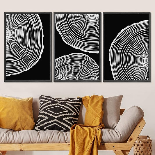 SIGNLEADER Framed Canvas Print Wall Art Set Duotone Geometric Wood Ring Circle Collage Abstract Shapes Illustrations Modern Art Boho Decorative for Living Room, Bedroom, Office - 24"x36"x3 BLACK
