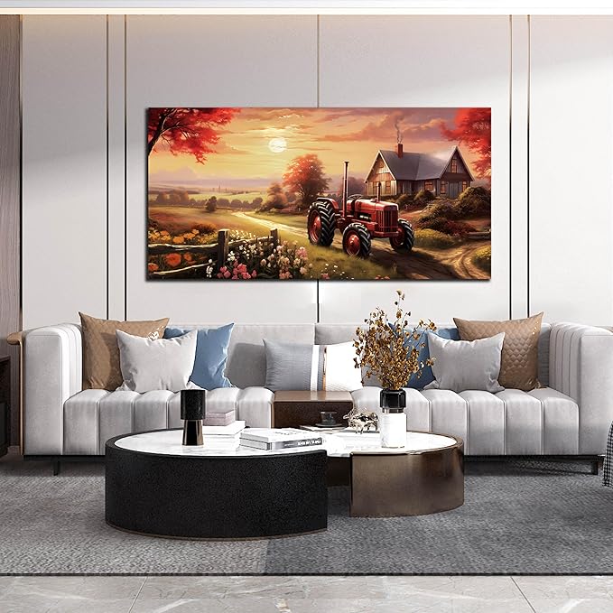 ANCXWOTER Canvas Wall Art Sunset Landscape Canvas Prints Vintage Red Tractor for Living Room Bedroom Office Home Decor Country Farmhouse Artwork 29x59 Inch