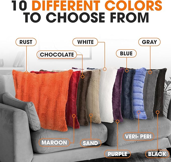 Cheer Collection Fall Decorative Throw Pillows for Couch – Set of 2 Faux Fur Fall Pillows for Couch, Cozy Fall Couch Pillows for Living Room or Bed, Soft, Rust Accent Pillows, 24" x 24"