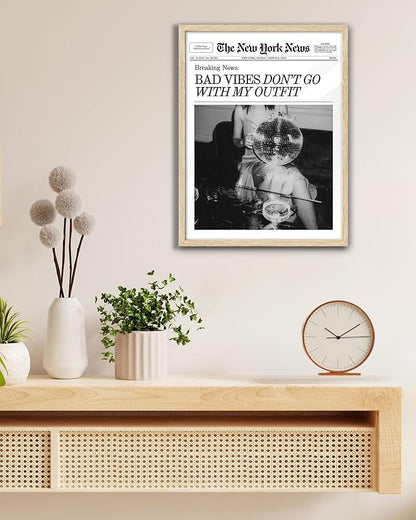 EcoHest Unframed Trendy Newspaper Magazine Wall Art, 12x16 in Bad Vibes Don't Go With My Outfit Disco Bar Canvas Wall Art, Preppy Retro Home Decor For Bedroom Living Room 1Pack