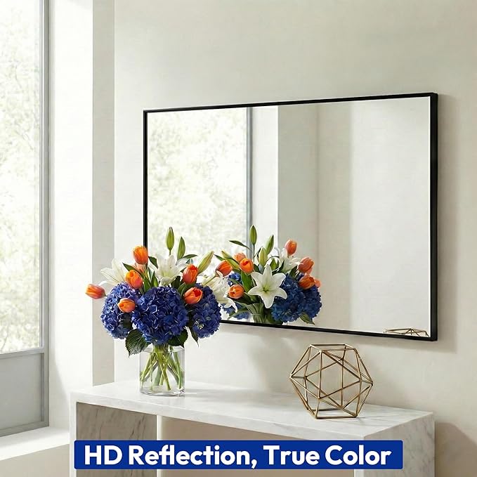 30" x 48" Matte Black Wall Mirror, 48" x 30" Large Metal Framed Landscape Decor, Horizontal Bathroom Mirror for Wide Vanity & Dining Room