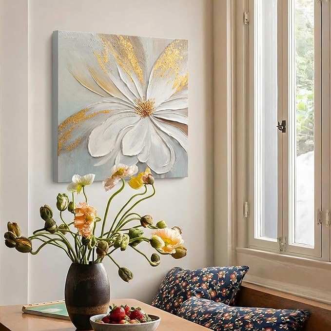 JUHOME Abstract Floral Canvas Wall Art, 24x24 In Hand Painted Original White Flower Oil Painting Textured with Gold Leaf Modern Wall Decor for Living Room Bedroom Office Framed Ready to Hang