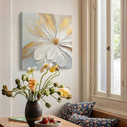 JUHOME Abstract Floral Canvas Wall Art, 24x24 In Hand Painted Original White Flower Oil Painting Textured with Gold Leaf Modern Wall Decor for Living Room Bedroom Office Framed Ready to Hang