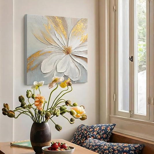 JUHOME Abstract Floral Canvas Wall Art, 24x24 In Hand Painted Original White Flower Oil Painting Textured with Gold Leaf Modern Wall Decor for Living Room Bedroom Office Framed Ready to Hang