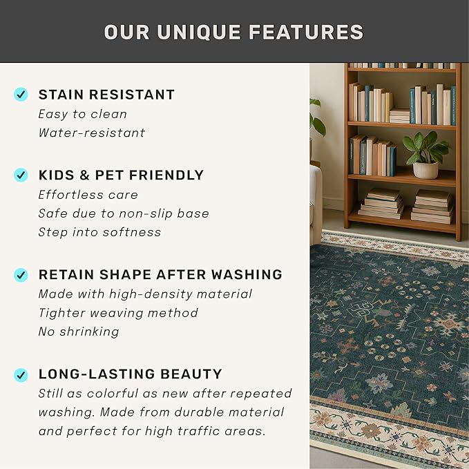 Dark Green 3x8 Wide Hallway Runner Rug - Modern Vintage Boho Floral Moody, Washable Low Pile Non-Slip Area Rugs for Large Entryway, Door Mat Indoor Entrance, Kitchen, Bedroom Beside Bed