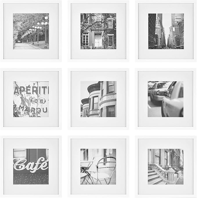 Gallery Perfect 12x12 Picture Frames, 9 Piece Set with Real Glass Cover for 8x8 Photos With Mat, Picture Frames Collage Wall Decor for Gallery Wall, Home Decor, White