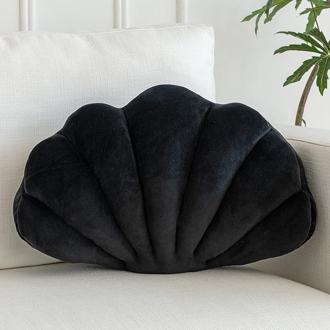 Shell Pillow, Shell Shaped Decorative Throw Pillows with Velet for Couch Bed, Cute Seashell Beachy Room Decor Aesthetic Throw Pillows for Bedroom Living Room(13x10 Inches, Black)