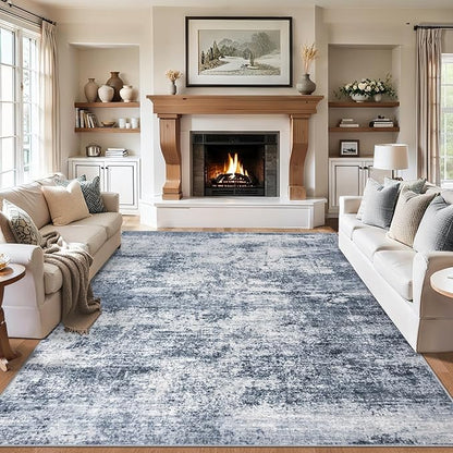 Area Rugs 10x12 Living Room - Washable Rug Modern Abstract Soft Large Neutral Non-Slip Carpet Indoor Floor Thin Carpets for Bedroom Dining Room Farmhouse Nursery Home Office Grey Blue