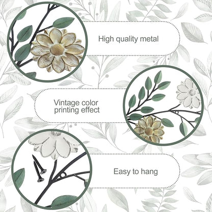 MorningRo 2 Pcs Metal Flower Leaves Wall Art Spring Wall Decor Living Room, 15.75 Inch Vintage Rustic Branch Leaf Wrought Iron Scroll Art Decor for Spring Bedroom Indoor Outdoor Decorations(Green)