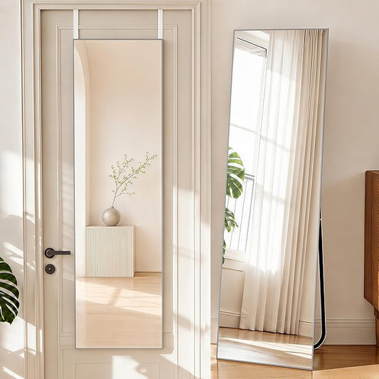 NARCISSUS 57x16 Mirror Door Hanging Full Length Body with Floor Stand or Wall Mounted Metal Aluminum Frame Tempered Glass Rectangle Mirrors for Bedroom Dressing Living Room Bathroom 57 inch Silver