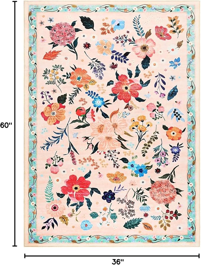 Macgace 3x5 Floral Rug for Girls Bedroom, Machine Washable Area Rugs with Non Slip Backingfor Living Room, Cute Flowers Carpet Kitchen Dining Room Kids Playroom Decor, Peach White