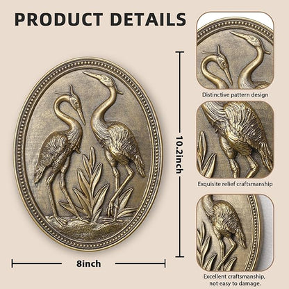 Vintage Crane Wall Sculpture, Antique Wall Decor, Crane Wall Art, Hand Painted Wall Decoration with Embossed Couple Birds Design, Heron Wall Art, Vintage Wall Decor for Living Room Bedroom Dining Room Hallway, Housewarming Gifts
