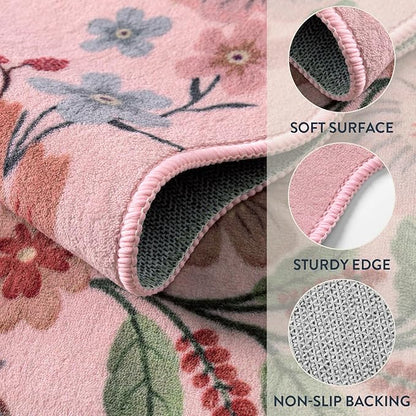 Lahome Floral Living Room Rugs, Pink Area Rugs 5x7 Rug for Bedroom Ultra-Thin Soft Rug, Non-Slip Washable Rugs Throw Boho Rug for ‎‎Nursery Playroom Classroom Flore (5x7ft, Pink)