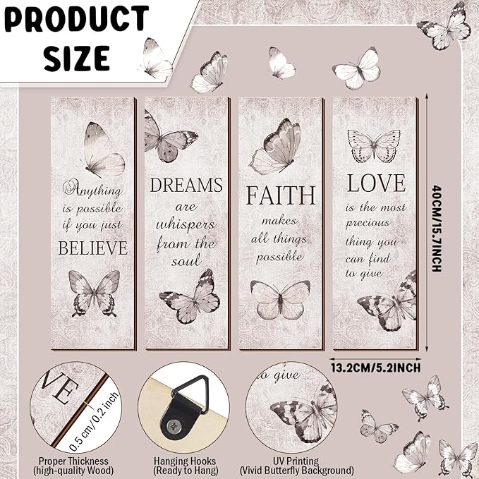 Qunclay 4 Pcs Inspirational Butterfly Wall Signs 16 x 5 Inch Rustic Wooden Wall Decor with Believe Faith Dream Love Quotes for Bathroom Bedroom Living Room Home Decor