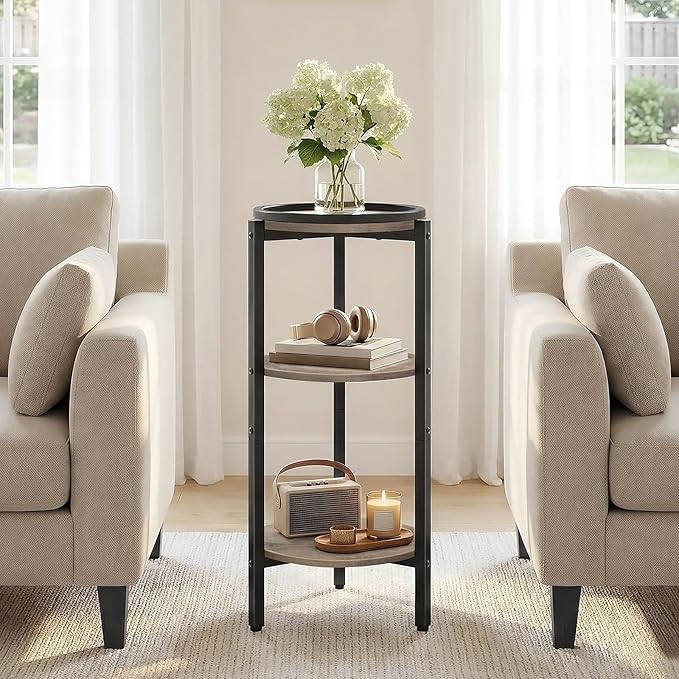 HOOBRO Small Round Side Table, 3-Tier Tall Coffee Drink Table for Sofa Couch, 28.7" H Slim Nightstand, Circle Accent End Table for Living Room, Corner, Bedroom, Greige BG182BZ01