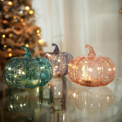 Aqua Blue Crackle Glass Pumpkin Twinkling Light with Timer- Fall Decoration for Home-Lamps for Festive Decoration-Halloween Decorations