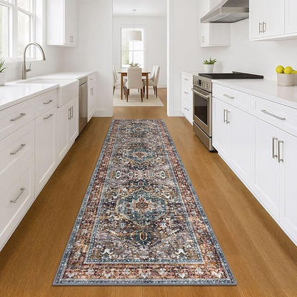 KOZYFLY Area Rug 3x10 Ft Washable Boho Runner Rug for Entryway Hallway Indoor Printed Faux Wool Carpet for Bedroom Kitchen Hall, Brick Red/Orange/Green