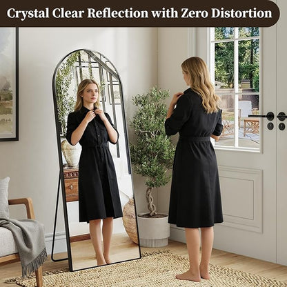 57"x21" Arched Full Length Mirror, Brushed Black Aluminum Frame Floor Mirror with Stand, HD Shatterproof Glass & Rust-Proof Body Mirror for Bedroom, Living Room, Bathroom, Entryway