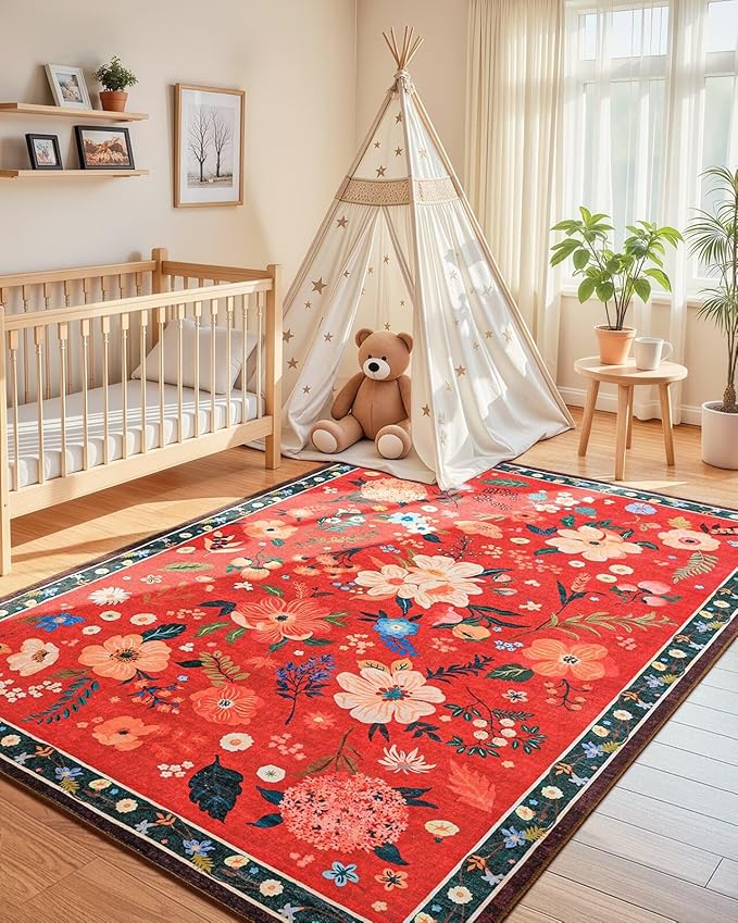 Macgace 5x7 Floral Rug for Girls Bedroom, Machine Washable Area Rugs with Non Slip Backingfor Living Room, Cute Flowers Carpet Kitchen Dining Room Kids Playroom Decor, Christmas Red