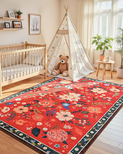 Macgace 4x6 Floral Rug for Girls Bedroom, Machine Washable Area Rugs with Non Slip Backingfor Living Room, Cute Flowers Carpet Kitchen Dining Room Kids Playroom Decor, Christmas Red