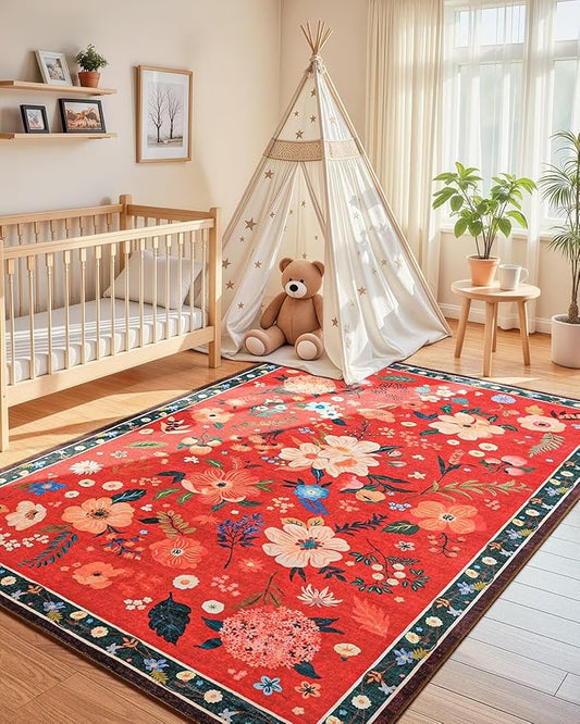 Macgace 4x6 Floral Rug for Girls Bedroom, Machine Washable Area Rugs with Non Slip Backingfor Living Room, Cute Flowers Carpet Kitchen Dining Room Kids Playroom Decor, Christmas Red