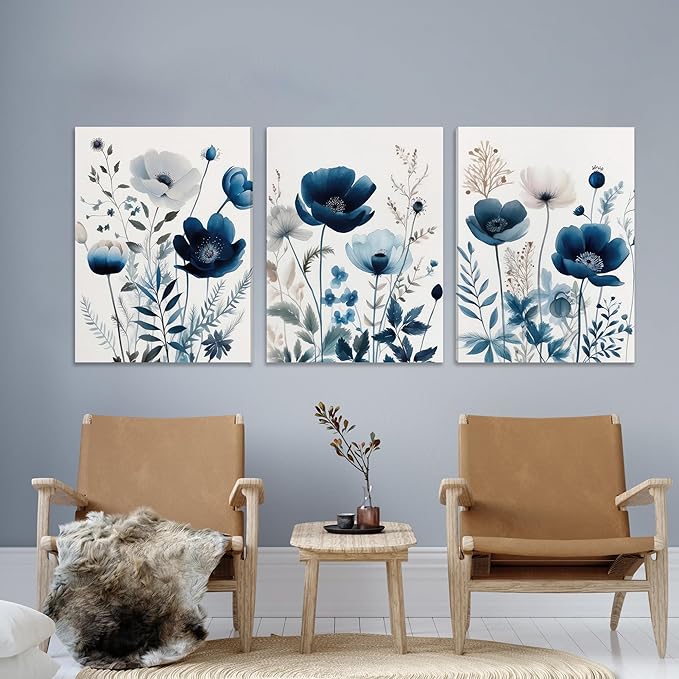 DUWQU 3 Pcs Blue Floral Canvas Wall Art, Elegant Navy Blue Wildflower Lily Daisy Wall Decor, Watercolor Botanical Flower Home Poster Art Prints for Living Room Bedroom Bathroom 16×24 Inches