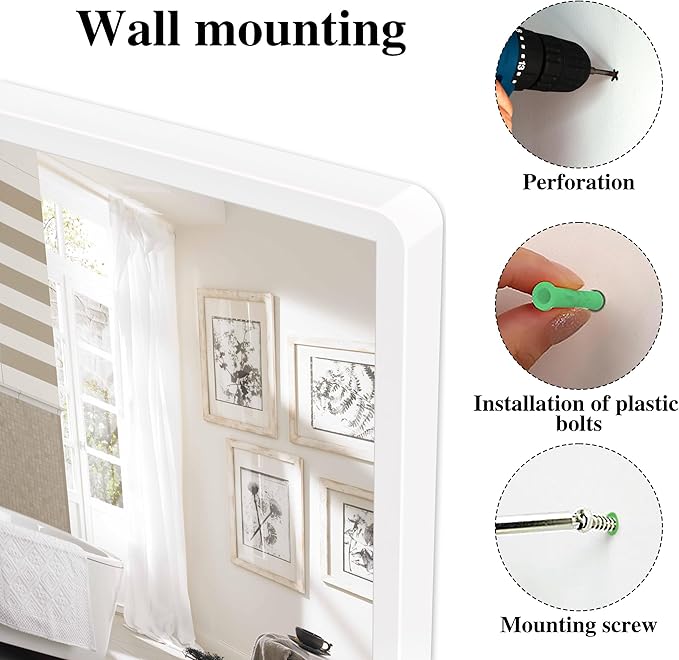 Bathroom Mirror with Shelf, White Rectangle Wall Mirror Metal Frame, Hanging Horizontal or Vertical (24'' X 20'')