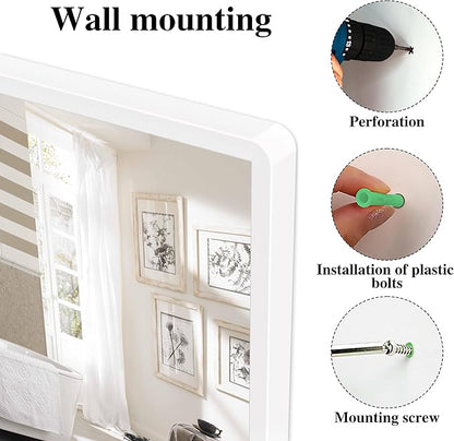 Bathroom Mirror with Shelf, White Rectangle Wall Mirror Metal Frame, Hanging Horizontal or Vertical (24'' X 20'')